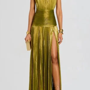 Vestido Longo Plissado e Fenda Lateral - Soleil